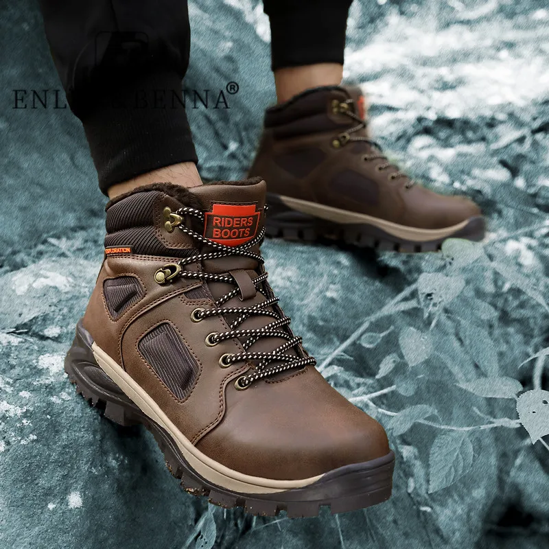 

Winter Work Casual Shoes Men Genuine Leather Military Combat Ankle Boots Lace Up Warm Fur Plush Brown Snow Boots Men Non Slip