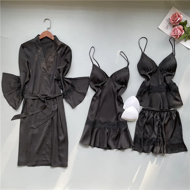 

Pijamas Flared Sleeves Wedding Robe Suit Summer Women Pajamas Set Patchwork Lace Satin 4pcs Sleepwear Loose Silky Home Wear