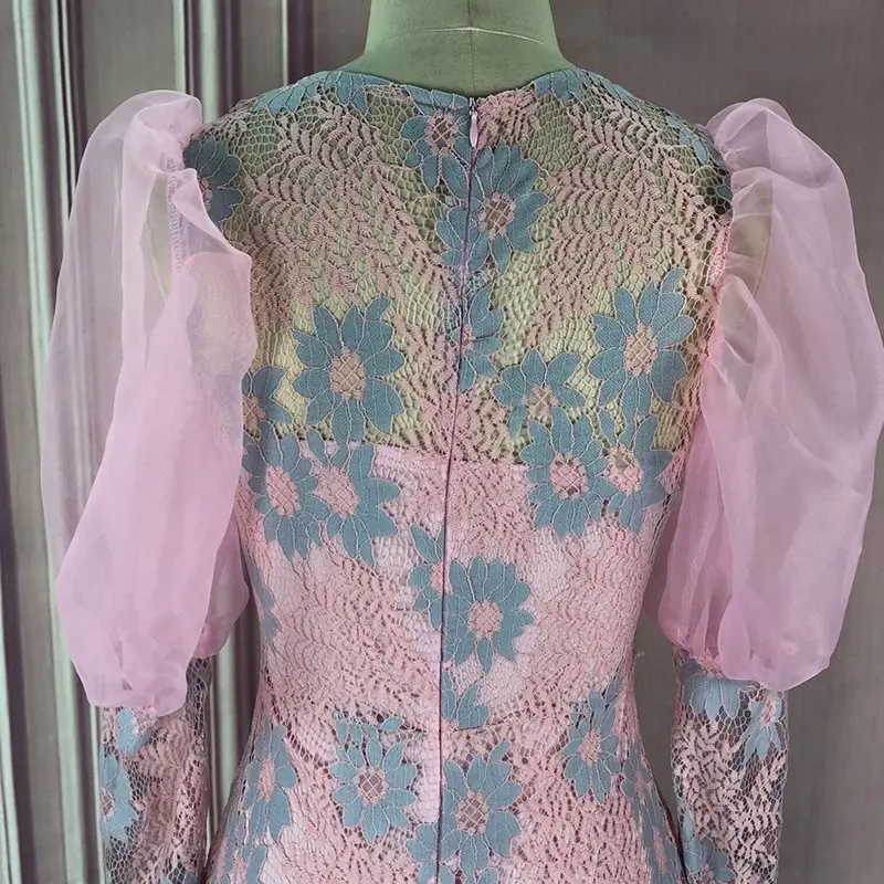 Розовые кружевные женские обтягивающие платья с пышными рукавами 2019 элегантные