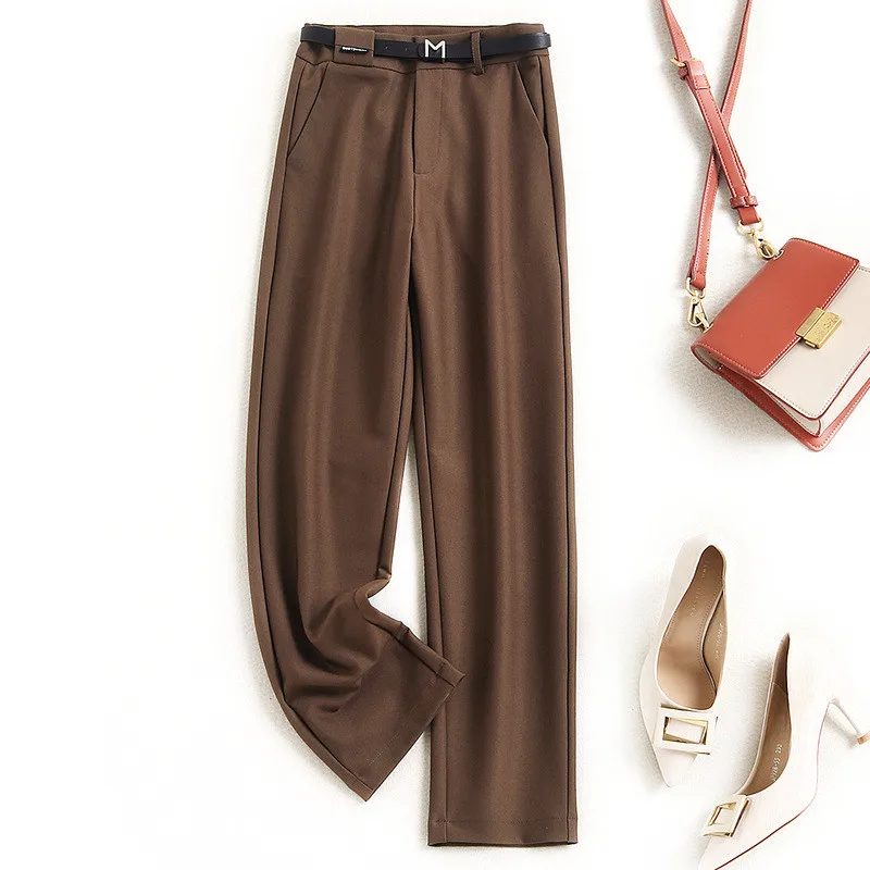 High Quality Elegant Fashion Women Spring 2021 New Solid Straight Ankle Length Pants Office Lady Casual Trousers with Belt