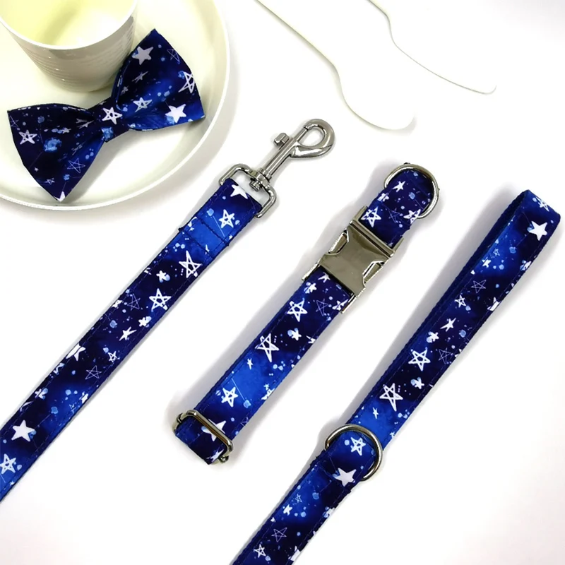 

Blue Star Dog Collar And Leash Set Pet Collar 100% Cotton Personalized Bow Tie Metal Buckle For Puppy Small Medium Large Dogs