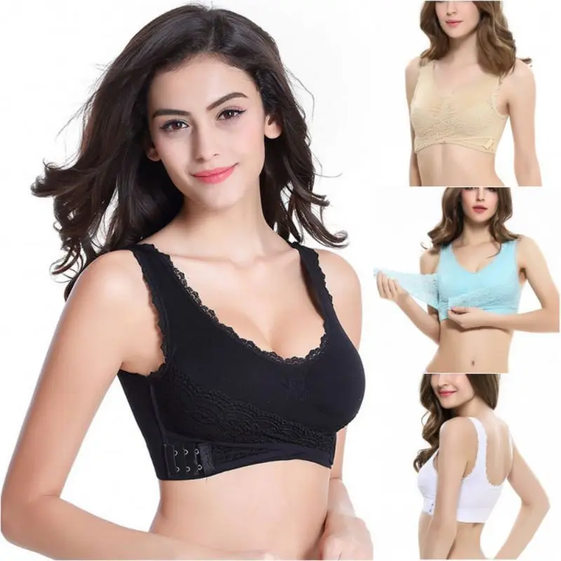 

Women Sexy Lace Solid Color Front Cross Buckle Bra Wirefree Gathered Collect Vice-Breast Underwear Breathable Sleep Brassiere