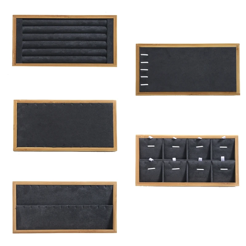 

5Pcs Bamboo Wood Necklace Bracelet Ring Stand Earring Storage Props Jewelry Display Tray Gray