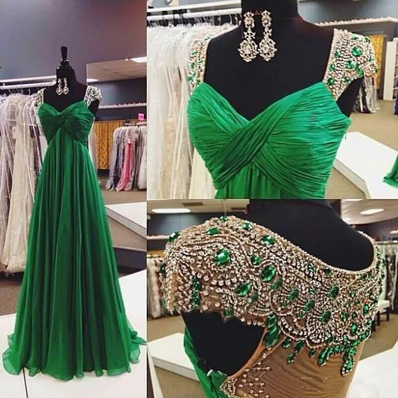 

Custom Luxury Green Arabic Dubai Long Evening Dress 2021 Beaded Robe De Soiree Vestido De Festa A-line Chiffon Prom Party Gown