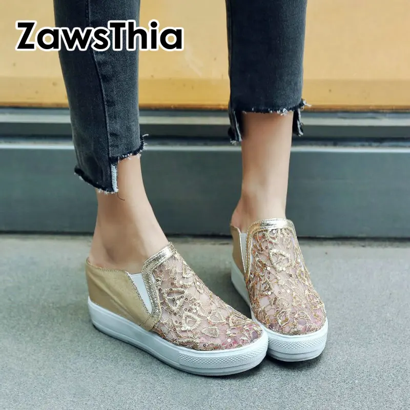 ZawsThia/женские туфли-лодочки с круглым носком украшенные золотыми блестками