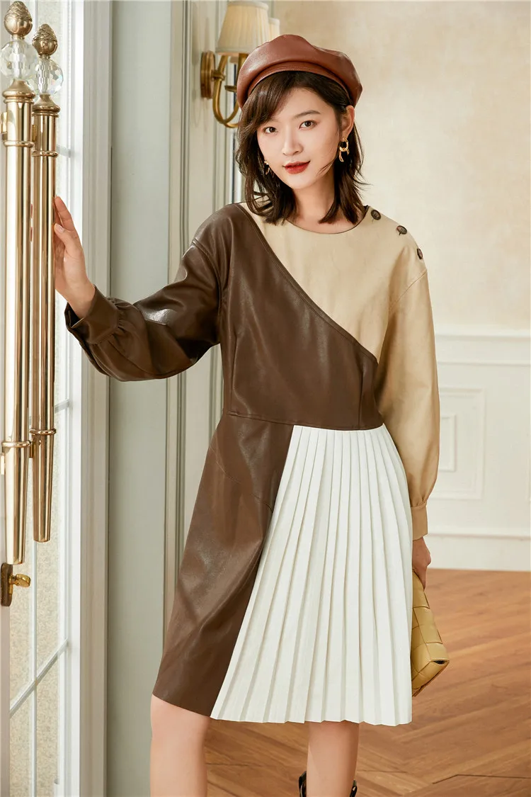 

CHEERART Vintage Faux Leather Dress Women Autumn Long Sleeve Patchwork Pleated Dress New Arrival 2020 Designer Clothing
