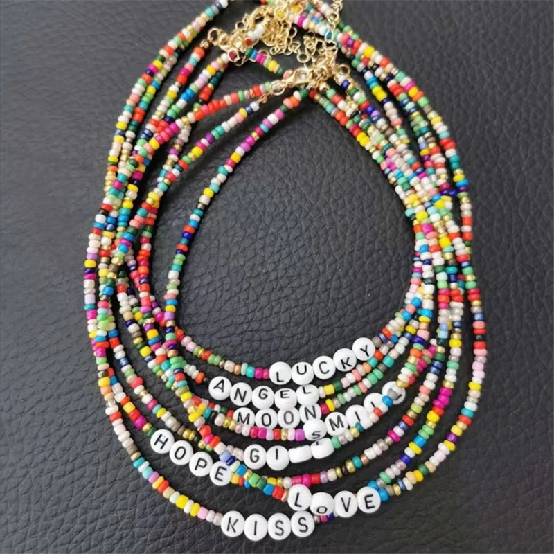 

ROMAD Boho Handmade Diy Rice Bead Necklace Letter Lucky Love Girl Choker Clavicular Chain Colorful Beach Collier Femme Jewelry