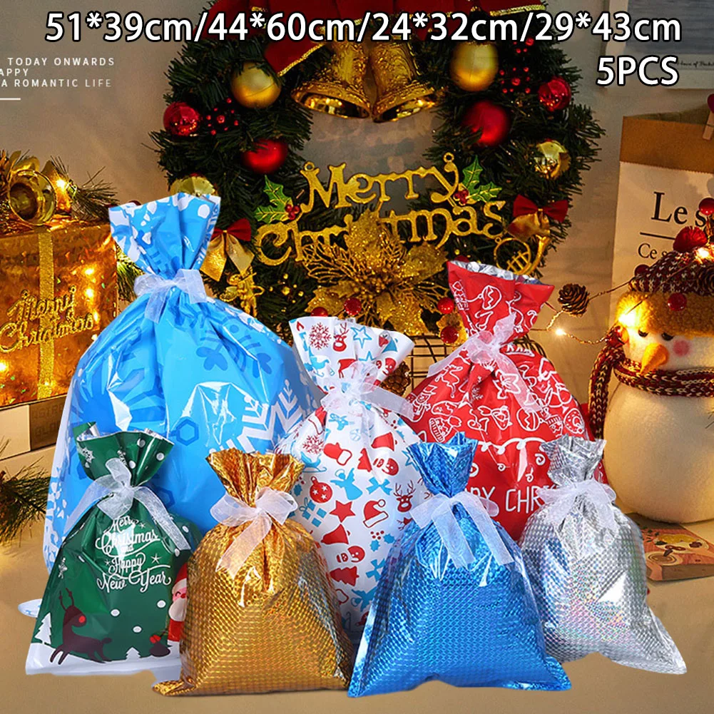

5Pcs Christmas Sacks Reusable Drawstring Wrap Present Gift Party Bags Storages Box Candy Cookies Bags Kids Birthday Party Decor