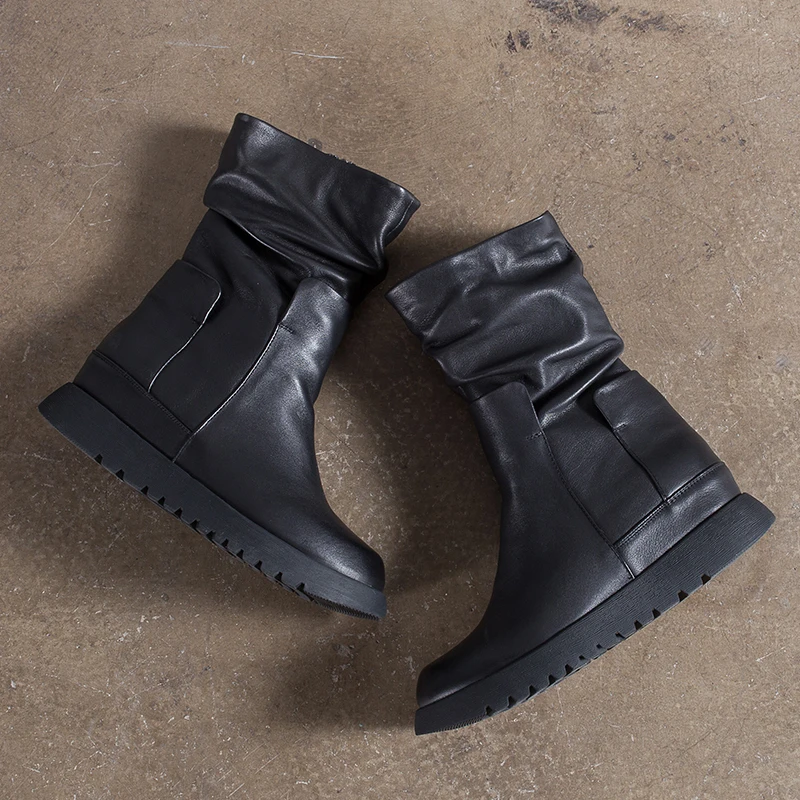 

TOTOMELA 2020 New Top quality full genuine leather boots women round toe flat mid calf boots pleated zipper winter ankle boots