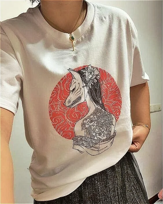 Sunfiz YF модные белые футболки женские топы женская маска Kitsune футболка с принтом