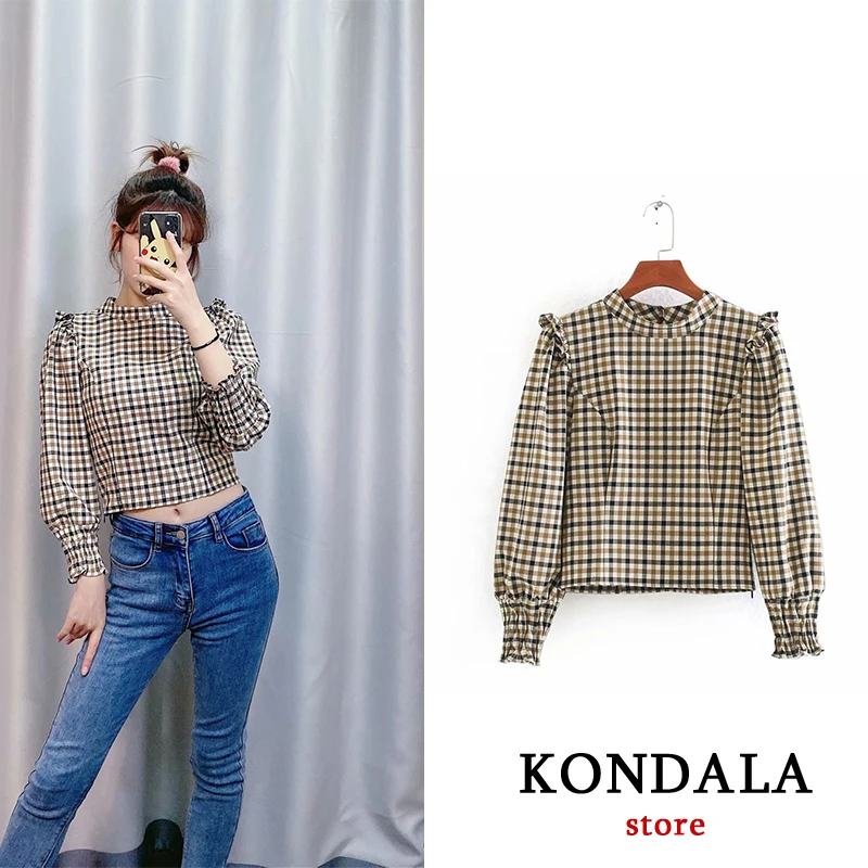 za 2020 new women vintage stand collar plaid print casual Shirts blouse pleated ruffles roupas agaric lace femininas tops | Женская