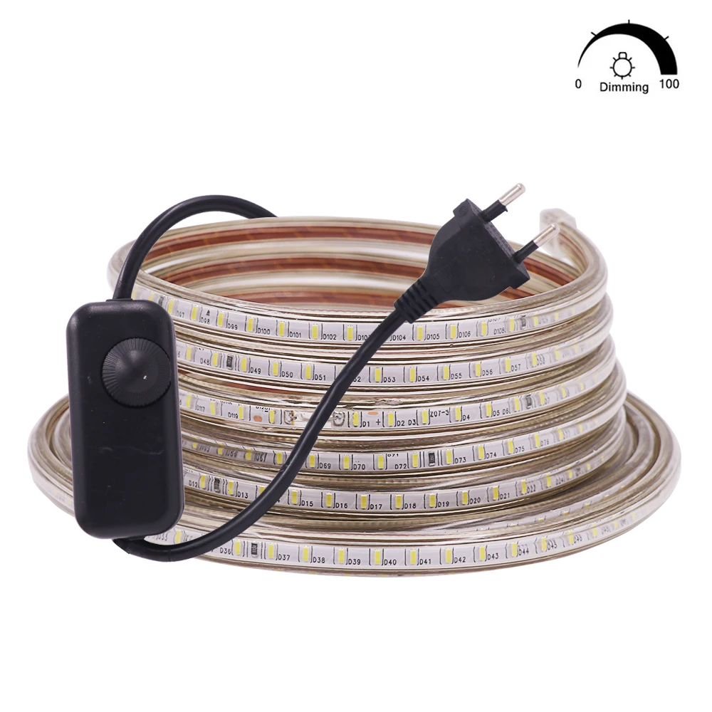 Светодиодная лента с регулируемой яркостью, светильник 220В, гибкий светильник SMD3014, 120 светодиодов/м, водонепроницаемая светодиодная лента с диммером, Светодиодная лента, белая, теплая, синяя