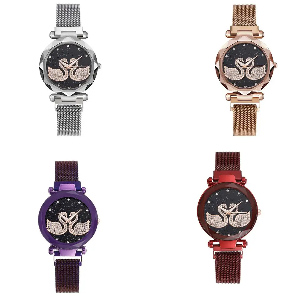 GloryStar для женщин магнитная пряжка Нержавеющая сталь сетка группа часы с лебедем