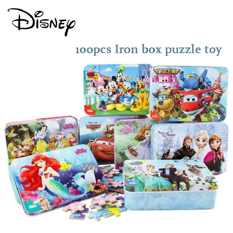 

100pcs Disney Frozen Princess Wooden Cartoon Jigsaw Puzzle Toy Iron Box Child Early Educational Montessori Toys Gift For Kids