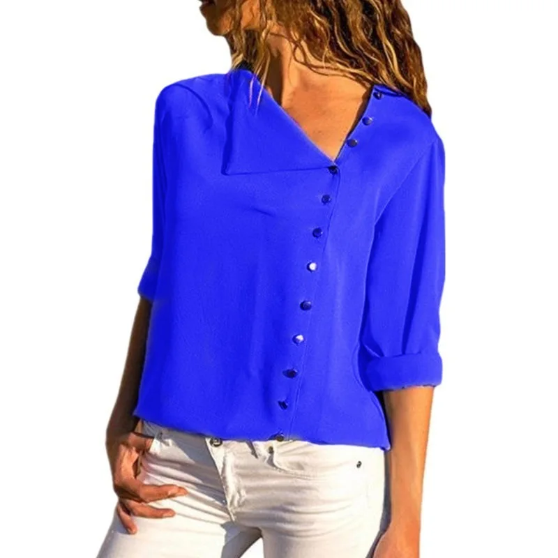Royal Blue Шифоновая Блузка, модные женские блузки и топы с длинным рукавом, воротник-косой, однотонная офисная рубашка, повседневные топы, Blusas Chemise Femme - Цвет: Royal Blue