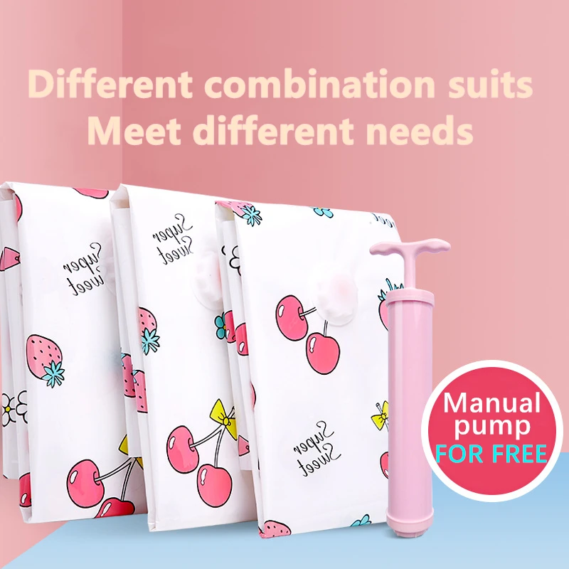 

5 Pcs/set Vacuum Storage Bag Cute Pink Organizer Transparent Foldable Clothe Organizer Seal Compressed Bag Electric Suction Pump