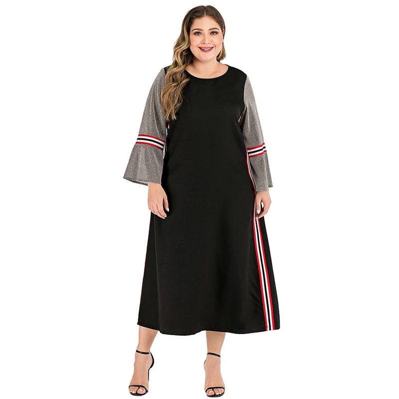 Женское платье миди Siskakia черное в полоску с длинным рукавом большие размеры