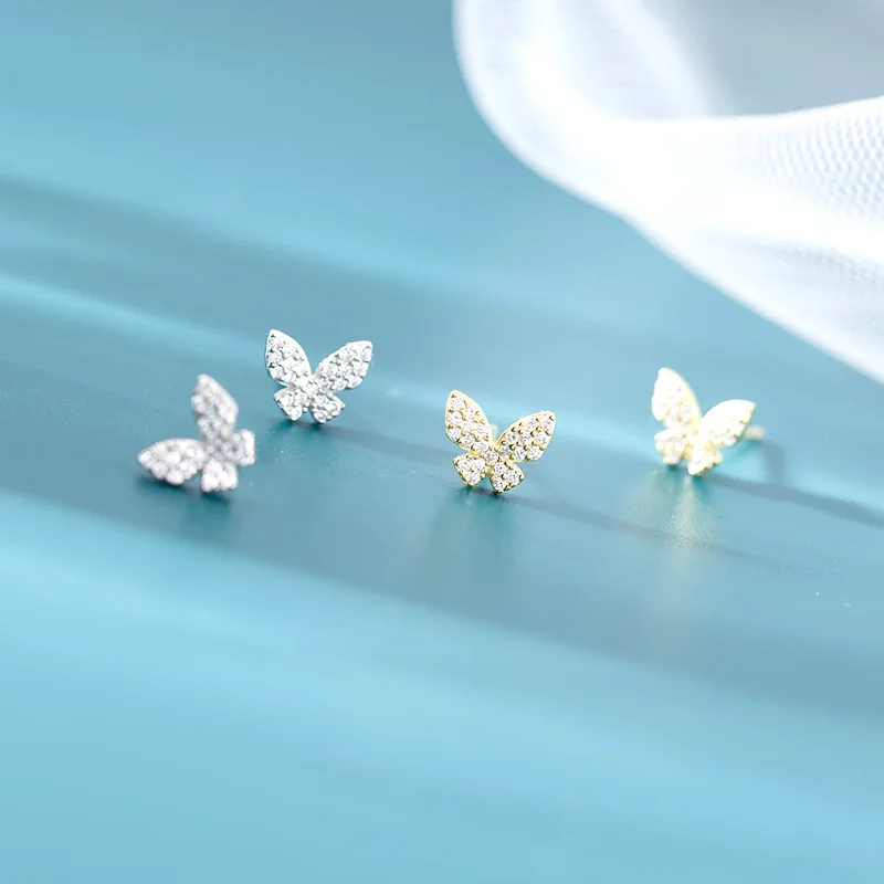 

Trendy 925 silver stud earrings for women mini clear zircon butterfly earlobe pierce Ear Bone spike shiny ear accessory jewelry