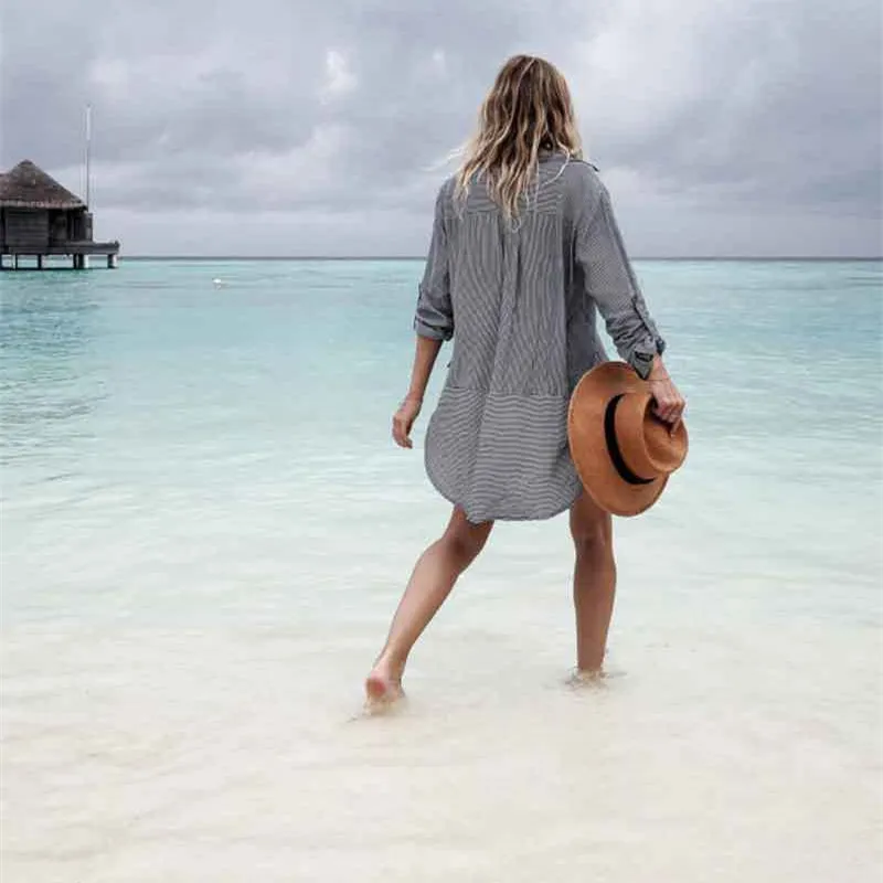 

Swimwear Women Cover Up Mesh Plus Size Beach Woman Clothes Skirt Cotton Print Stripe Shirt Swimsuit Striped Kaftan Beach