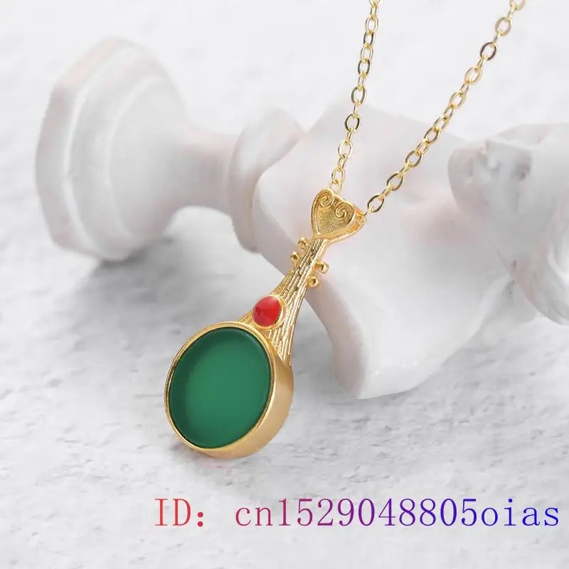 

Green Jade Lute Pendant Natural Necklace Crystal Gemstone Chinese Gifts Charm Amulet Zircon Chalcedony 925 Silver Fashion Women