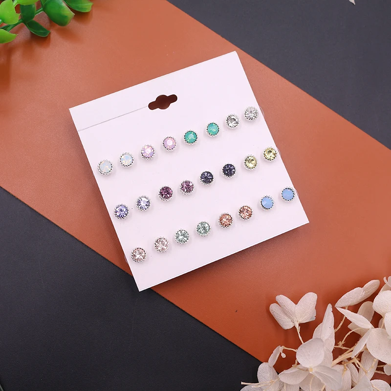 

Fashion Austrian Rhinestone Charm Sliver Color Colorful Round Stud Earrings Set For Women Girl Round Piercing India Jewelry Gift