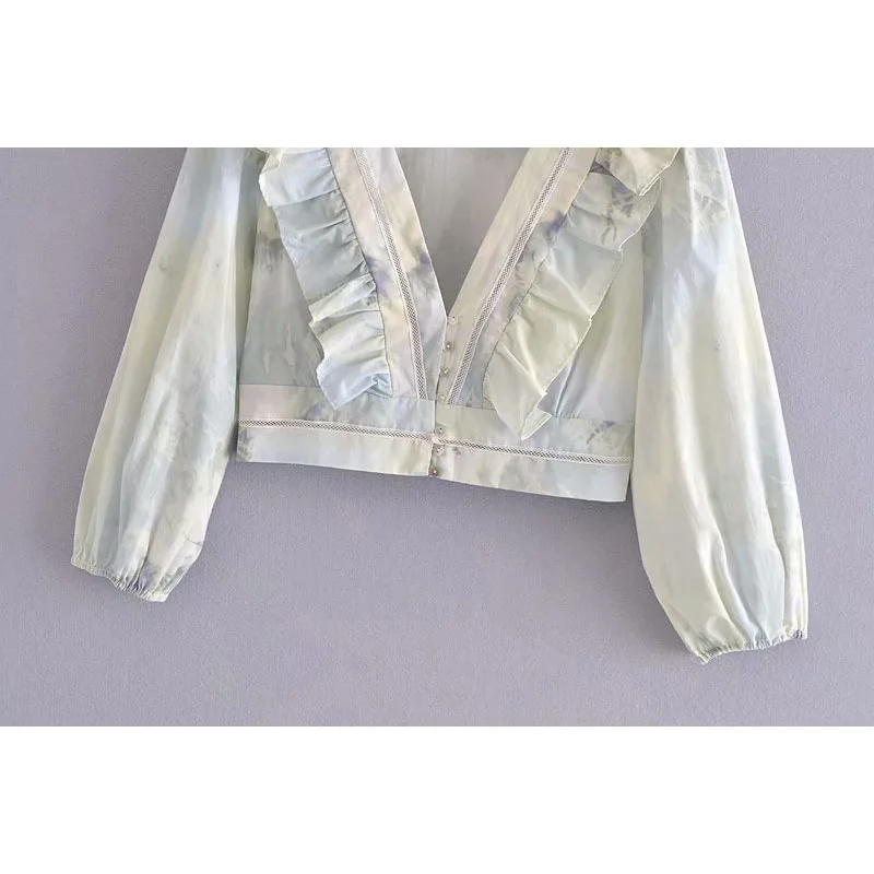 

2021 New Spring Women Chiffon Tie Dye Tops Ruffled Long Sleeves Shirt Chic Lady Fashion Casual Women Clothes