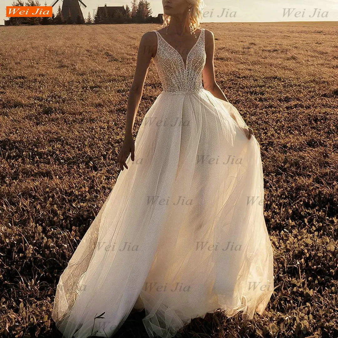 

Glitter V Neck Wedding Dress 2021 Lace Up vestido de novia Customized trouwjurk A Line Tulle Lace Appliqued Beading Bridal Gowns