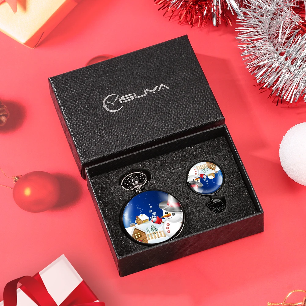 Cute Snowman Pocket Clock Men's Quartz Digital Pocket Watch Women's Alloy Pendant Gift Set Box Christmas Eve Gift for Girlfriend