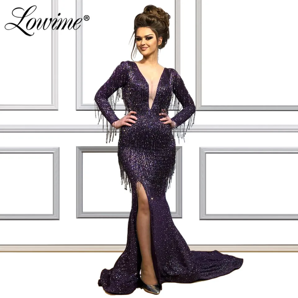 Фиолетовое вечернее платье с кисточками и бусинами глубокий v образный вырез