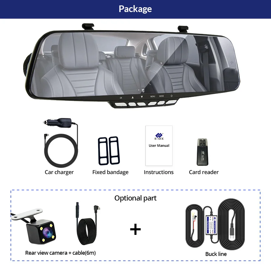 Зеркало видеорегистратор с камерой заднего вида 4 3 дюйма FHD 1080P двойной объектив