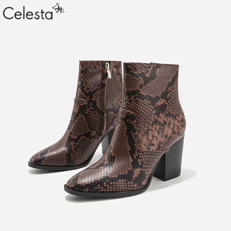 

Celesta 2021 European Style High Heel Ankle Boots Autumn Winter Women'S Shoes Snake Print Ankle Boots Martin Shoes Large Size 43