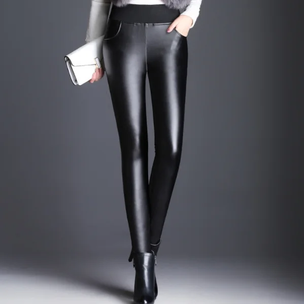 Женские кожаные брюки с высокой талией зимние плотные эластичные черные