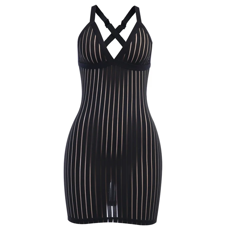 

vertical stripes back cross sheer mesh slim bodycon dress summer dress