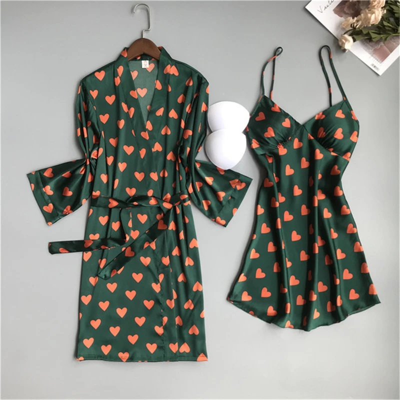 Ночная рубашка с длинными рукавами женственная на бретельках из двух предметов