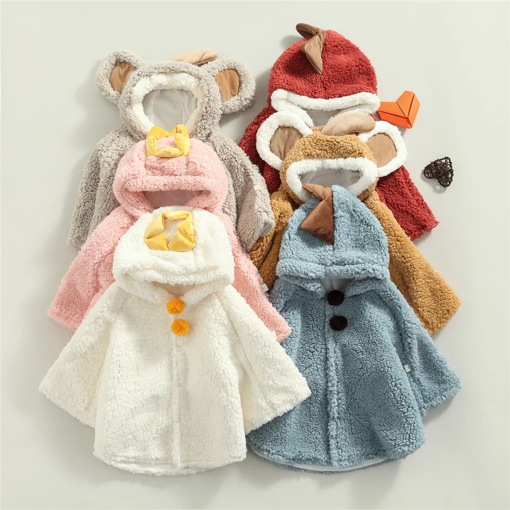 

Baby Warm Plush Cloak Loose Long Sleeve Buttons Cartoon Animals Ears Fleece Hooded Coats Autumn Winter Kid Girl Boy Clothing