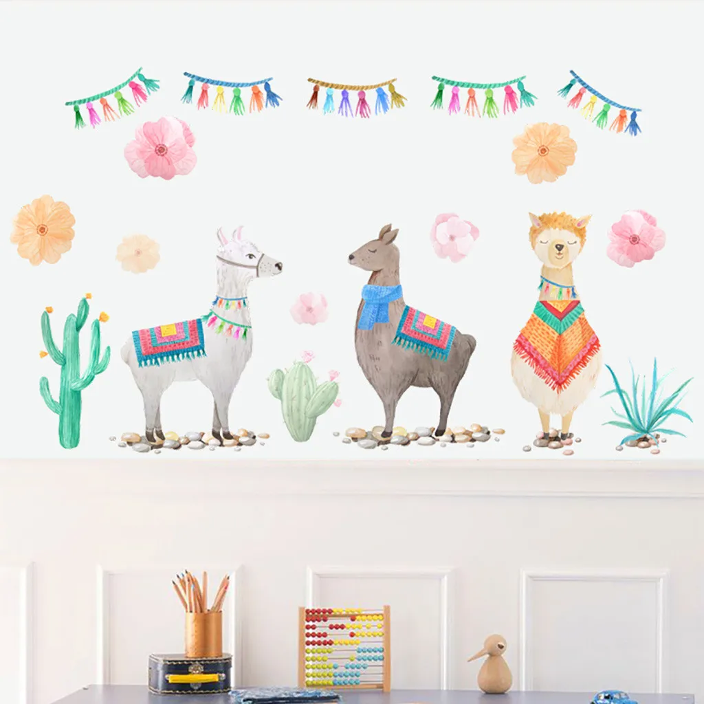 

Hot Cartoon Animals Alpaca Llama room wall sticker Beautiful Cactus Plant Decals for Living Room Music Birthday Party Theme Gift