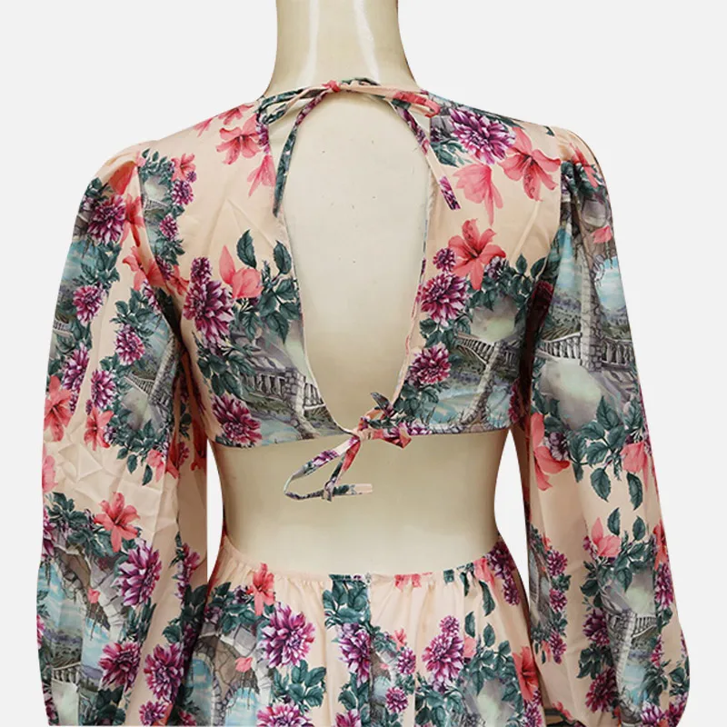 

Sexy Women's Print Floral V-neck Split Long Dress Female Lace Up Hem Hollow Out Dresses Backless Stylish Lady Vestidos