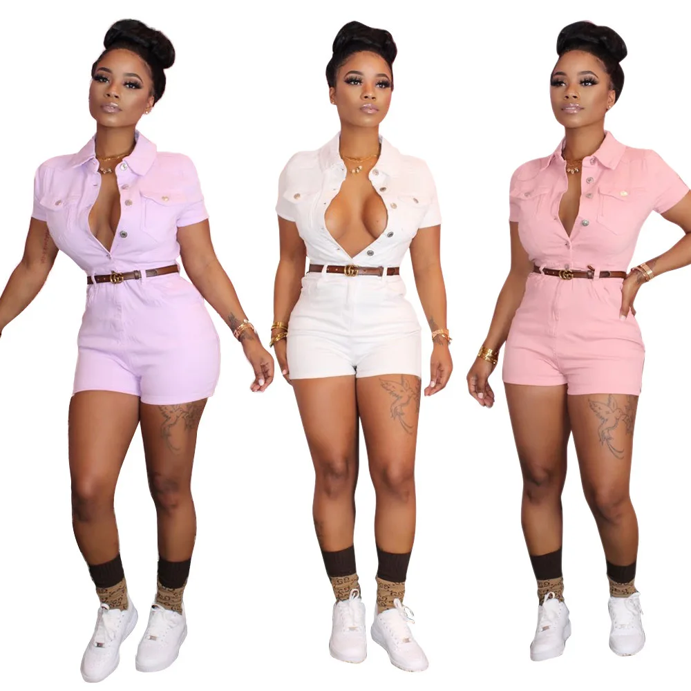 

Women's Fashion Casual Short Sleeve Solid Button Playsuits