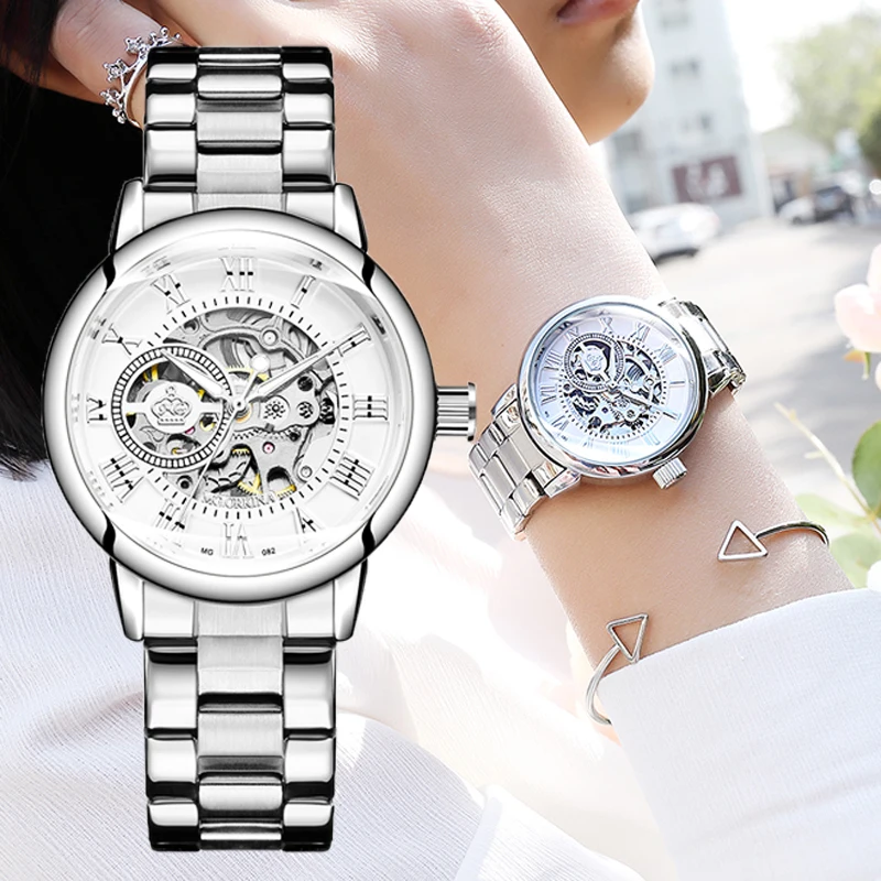 Reloj Mujer Montre Femme серебряные ЖЕНСКИЕ НАРЯДНЫЕ Часы Дамские автоматические механические часы с ремешком из нержавеющей стали