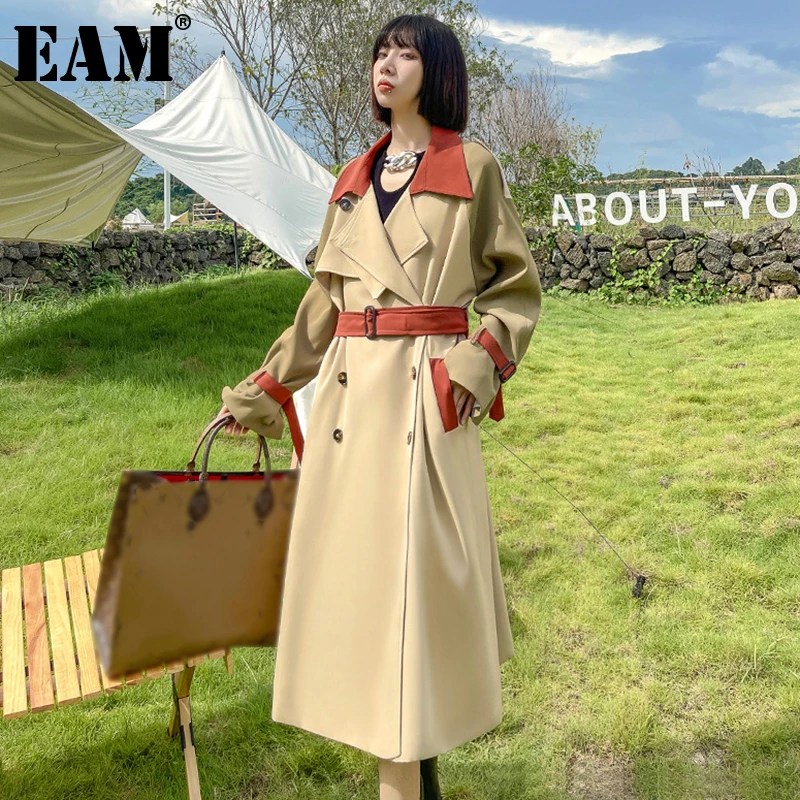 

[EAM] Women Contrast Color Big Size Long Trench New Lapel Long Sleeve Loose Fit Windbreaker Fashion Spring Autumn 2022 1DE2672