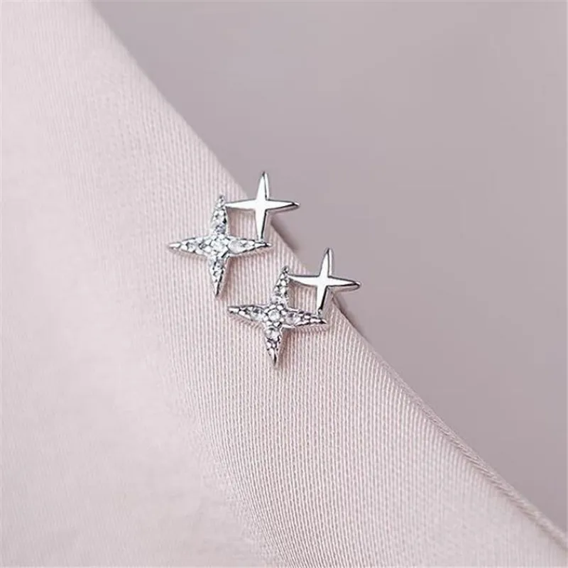 

925 Sterling Silver Zircon Star Piercing Stud Earrings For Women Girls Wedding Party Jewelry Pendientes B032