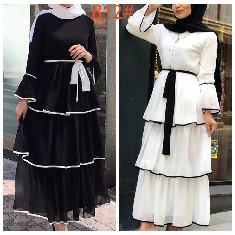 Арабская женская одежда длинное платье модное многослойное черно-белое платье с лодыжкой женское платье одежда для мусульманских женщин