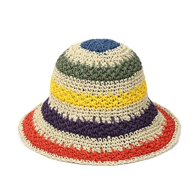 

Summer Accessories Children Bucket Hat Family Look Parent-Child Sun Protection Rainbow Straw Knitting Women Hat Children Size