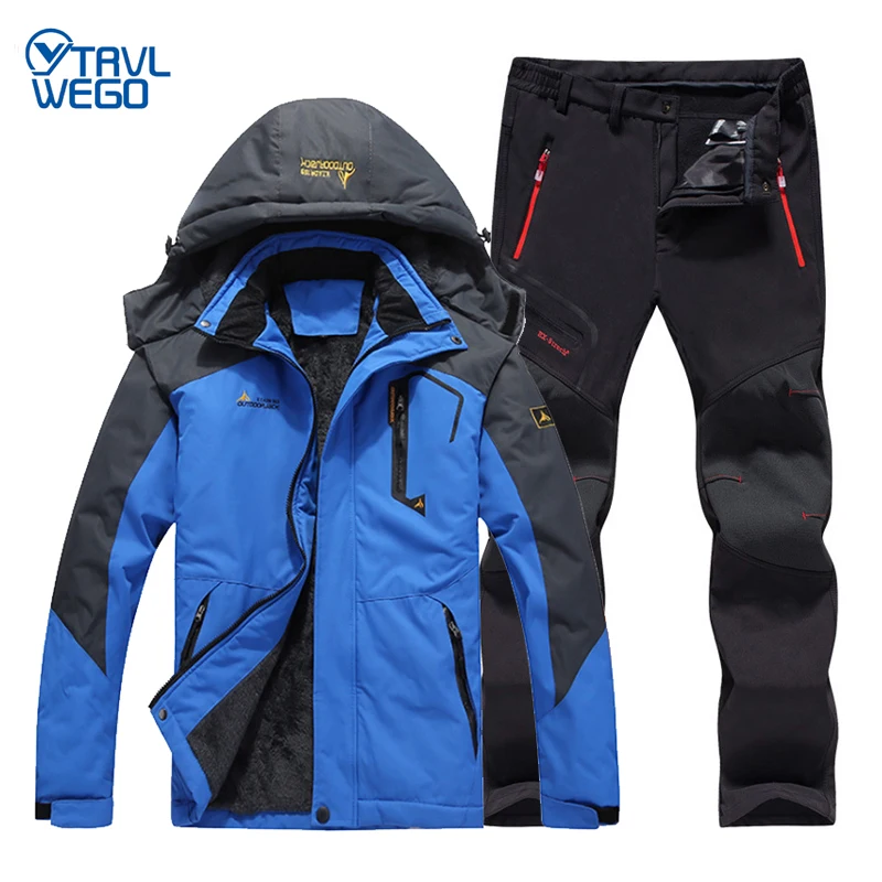 TRVLWEGO Men Winter Jacket Waterproof Fishing Thermal Pants Trekking Hiking Camping Skiing Climbing Outdoor Set 6XL Suit