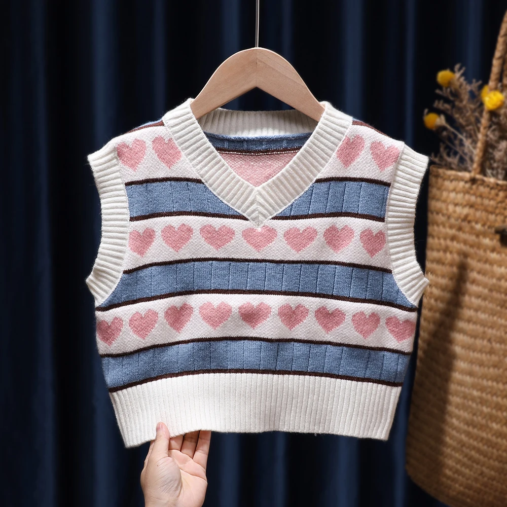 

New Sweater Tank For Baby Girl Toddler Kids Spring Autumn Fashion Love Print Sweaters V Neck Knit Tops Children Knitwear Clothes