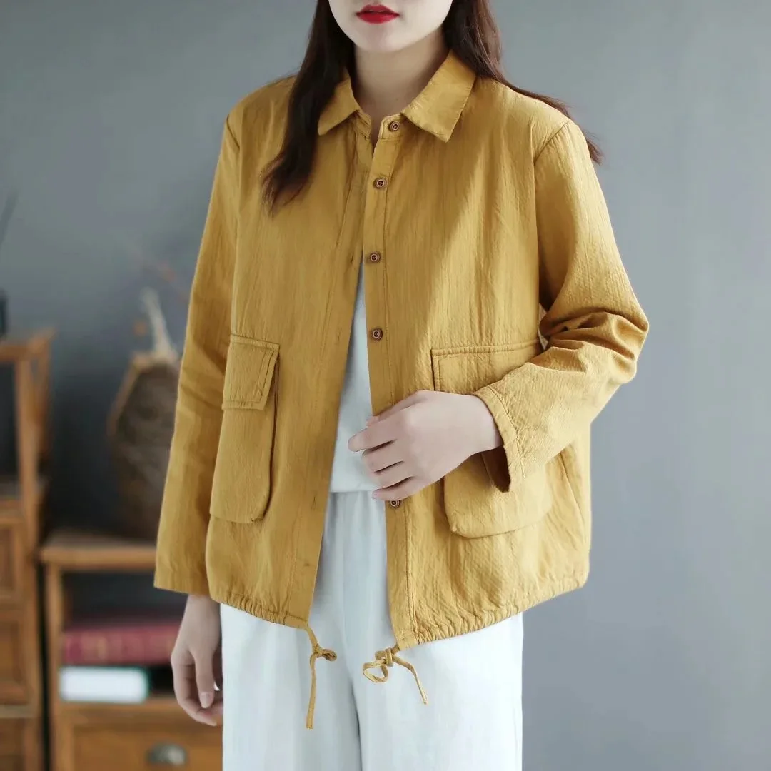 

Women Spring Autumn Coats Double Big Pockets Hem Drawstring Fashion All-Match Solid Color Lapel Streetwear Cargo Thin Jackets