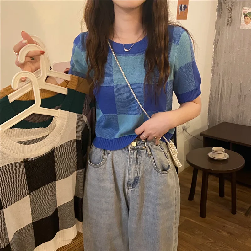 

2021 New Summer Vintage Big Plaid Knitted T-shirt For Women Short Sleeve O Neck Loose Slim Thin Woman's Tops Female Tee Shirt
