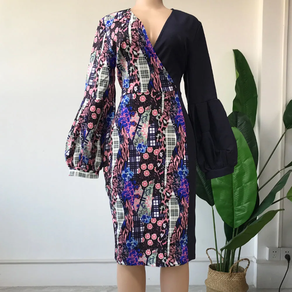 

2021 Women Dress Printing Splicing Lantern Sleeve V-neck African Pullover Autumn New Fashion Commute Casual Western Style