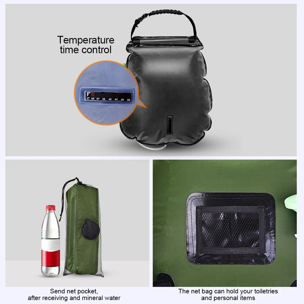 

20L Solar Camping Shower Water Bag Heating Portable Storage Bags Outdoor Hiking Climbing Temperature Switchable Shower Head L23