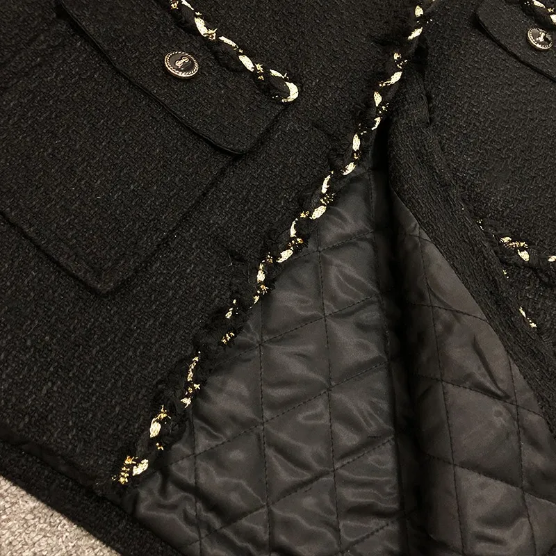 

Winter Elegant Women Tweed Jacket Vintage V Neck Weave Single Breasted Casual Outerwear Thick Padded Coat Office Ladies Jackets